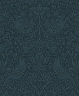 Slate blue tonal bird and botanical garden vintage wallpaper pattern