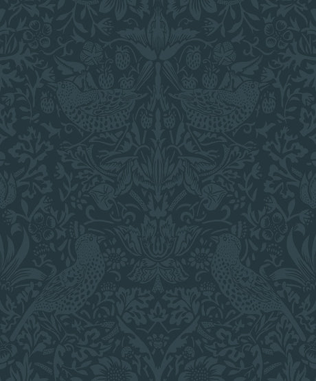 Slate blue tonal bird and botanical garden vintage wallpaper pattern