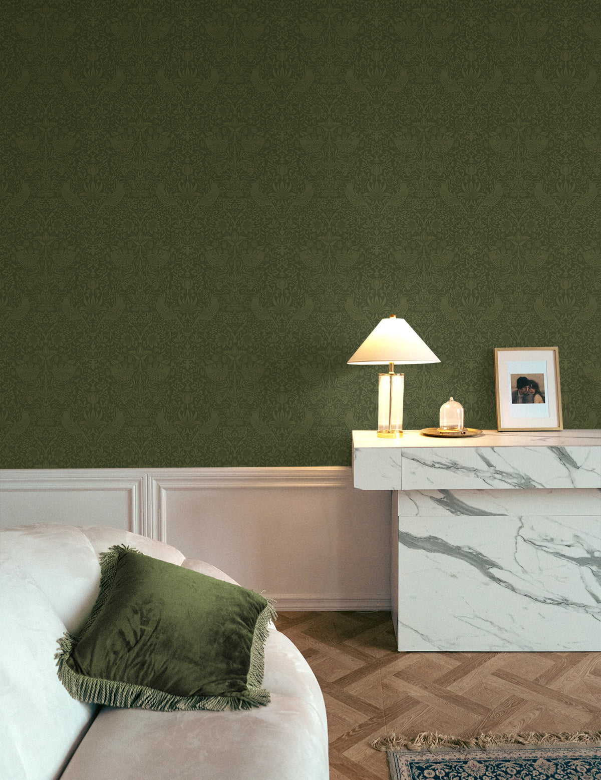 Tonal Bird Garden Moss Green by Etten Studios Prepasted Botanical Wallpaper – Etten Studios EP10404