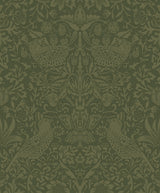 Vintage tonal bird and botanical garden pattern wallpaper in moss green.