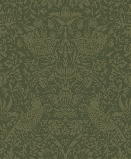 Vintage tonal bird and botanical garden pattern wallpaper in moss green.