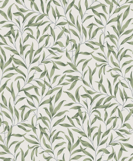 Willow Trail wallpaper in Sprig Green featuring an allover willow leaf trail on a light ground.
