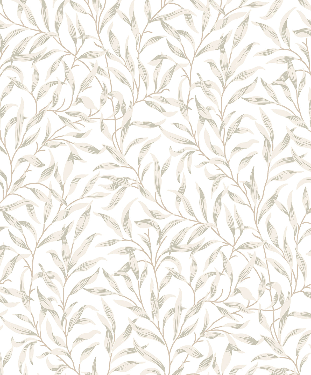 Neutral beige botanical wallpaper with delicate trailing willow leaves