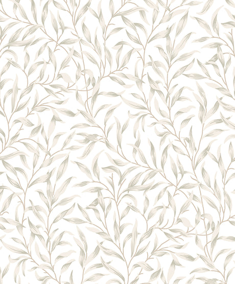 Neutral beige botanical wallpaper with delicate trailing willow leaves