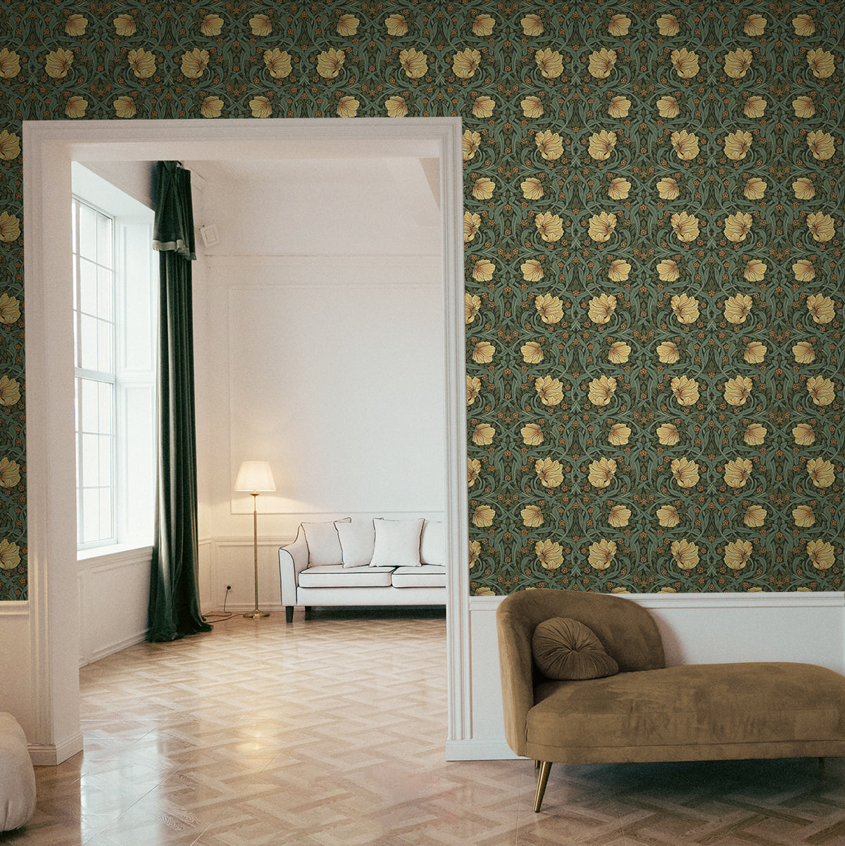 Pimpernel Garden Meadow Green & Amber by Etten Prepasted Wallcoverings Botanical Vintage Wallpaper – Etten Studios EP10604