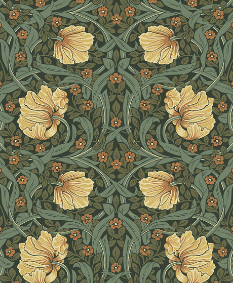 Pimpernel Garden wallpaper pattern in meadow green and amber with vintage botanical florals and scrolling vines.