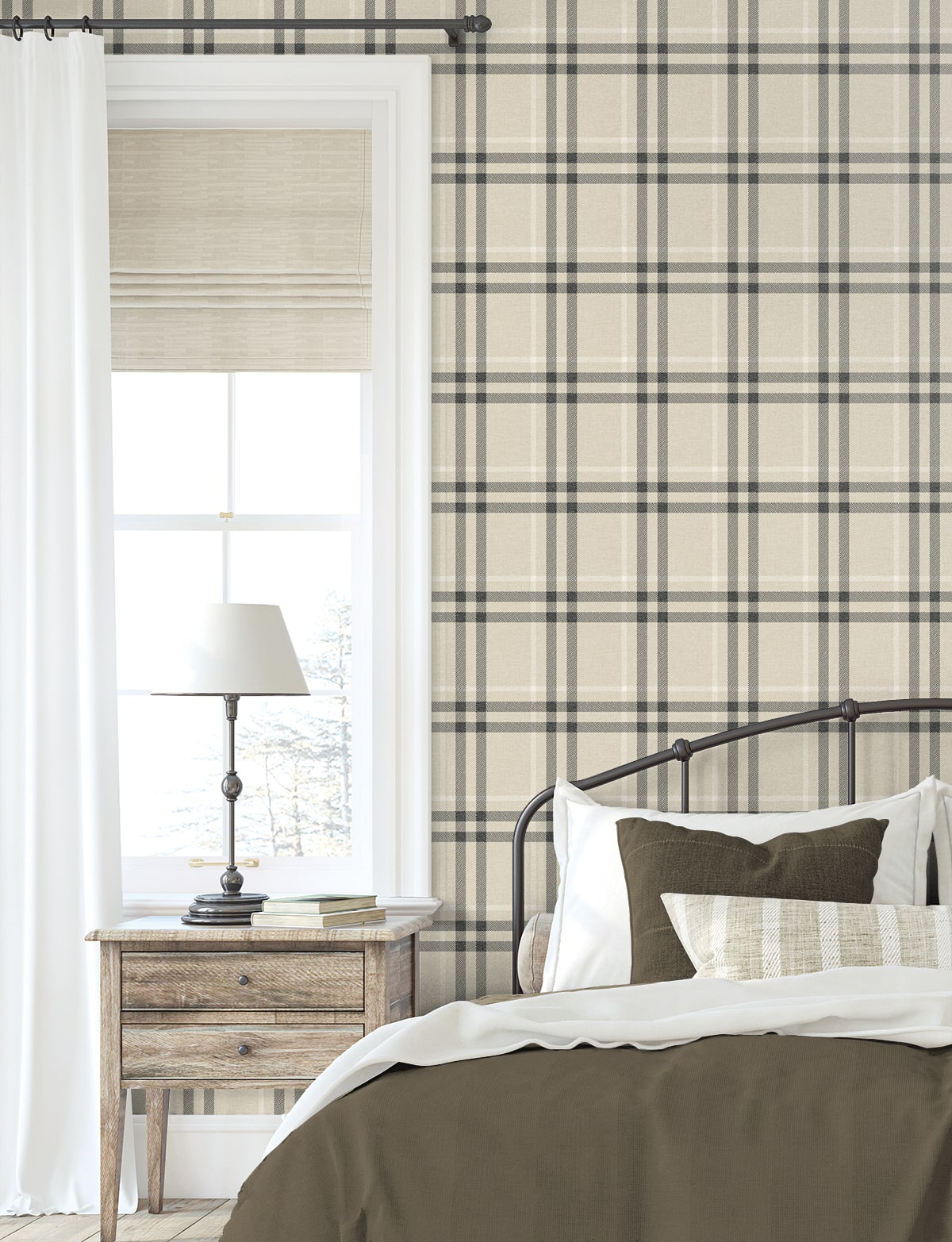 Calverlay Plaid Linen & Ebony by Etten Prepasted Wallcoverings Prepasted Plaid Wallpaper – Etten Studios EP10805