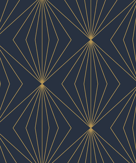 Gem Geometric prepasted wallpaper in dark blue with metallic gold geometric fan motif