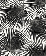 Black palm frond botanical wallpaper pattern on a light ground