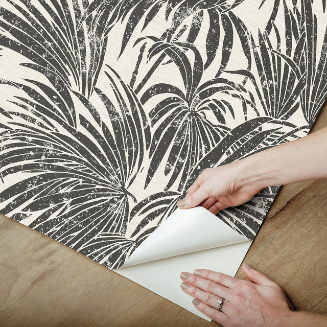 Cassava Palm Black & White Peel & Stick Wallpaper with Modern Botanical Leaves Pattern - NuWallpaper ESS6016