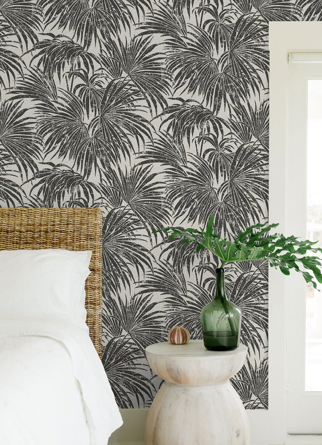 Cassava Palm Black & White Peel & Stick Wallpaper with Modern Botanical Leaves Pattern - NuWallpaper ESS6016