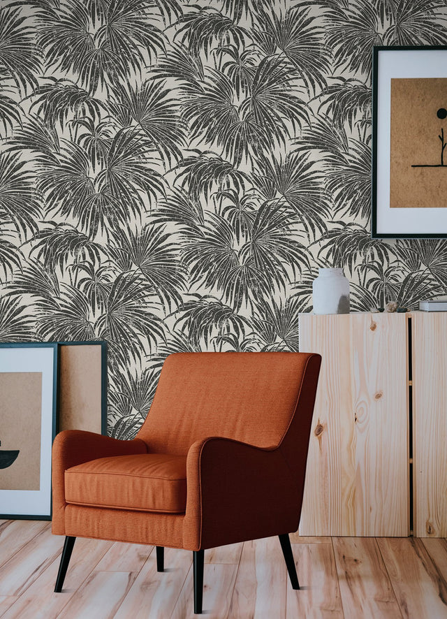 Cassava Palm Black & White Peel & Stick Wallpaper with Modern Botanical Leaves Pattern - NuWallpaper ESS6016