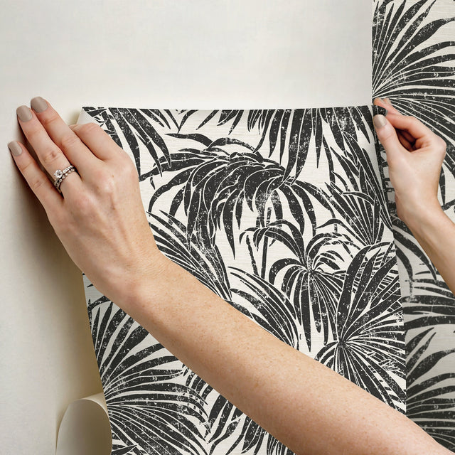 Cassava Palm Black & White Peel & Stick Wallpaper with Modern Botanical Leaves Pattern - NuWallpaper ESS6016
