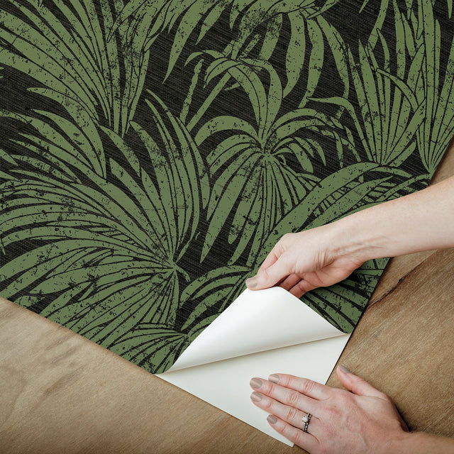 Cassava Palm Black & Green Peel & Stick Wallpaper with Botanical Leaves Modern Style - NuWallpaper ESS6018