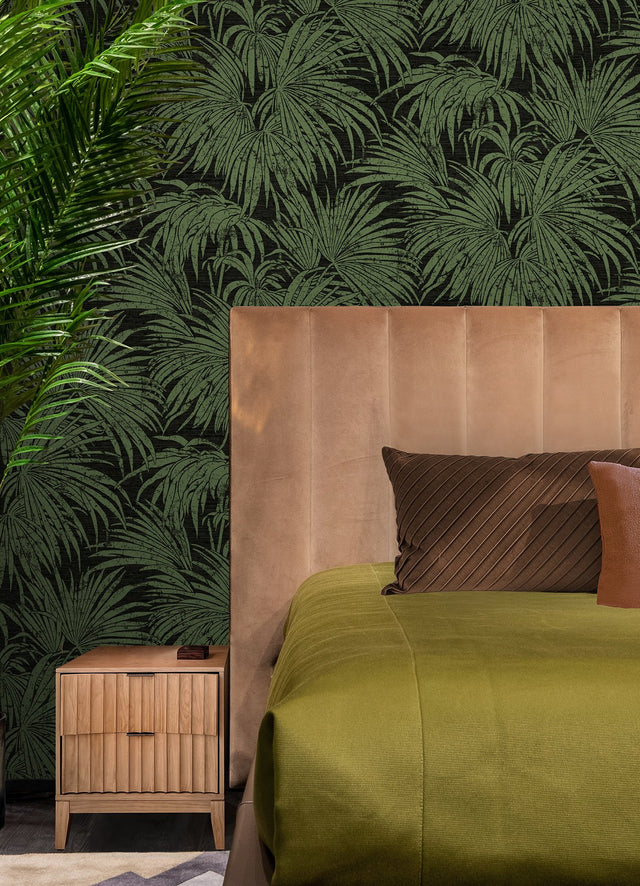 Cassava Palm Black & Green Peel & Stick Wallpaper with Botanical Leaves Modern Style - NuWallpaper ESS6018
