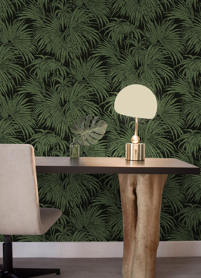 Cassava Palm Black & Green Peel & Stick Wallpaper with Botanical Leaves Modern Style - NuWallpaper ESS6018