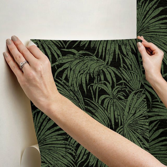Cassava Palm Black & Green Peel & Stick Wallpaper with Botanical Leaves Modern Style - NuWallpaper ESS6018