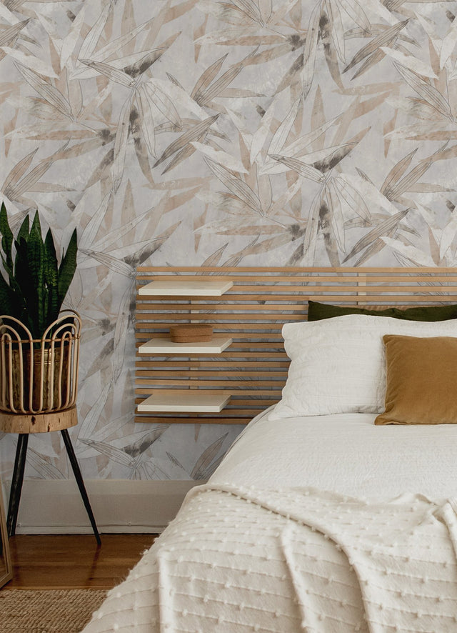 Bali Bamboo Neutral Peel & Stick Wallpaper with Modern Botanical Leaf Motif - Brewster ESS6019