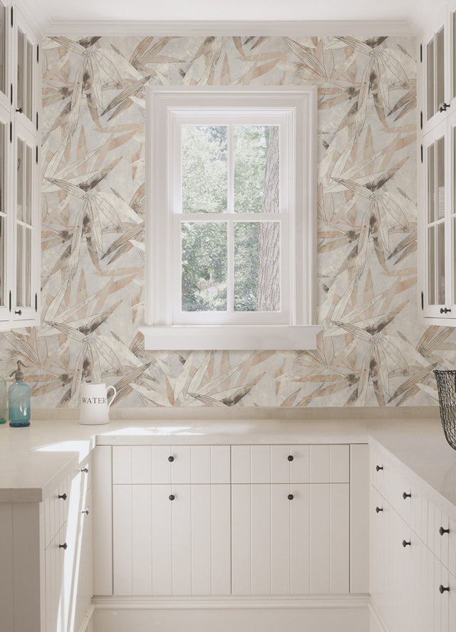 Bali Bamboo Neutral Peel & Stick Wallpaper with Modern Botanical Leaf Motif - Brewster ESS6019