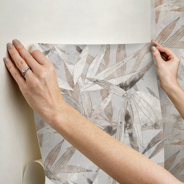 Bali Bamboo Neutral Peel & Stick Wallpaper with Modern Botanical Leaf Motif - Brewster ESS6019