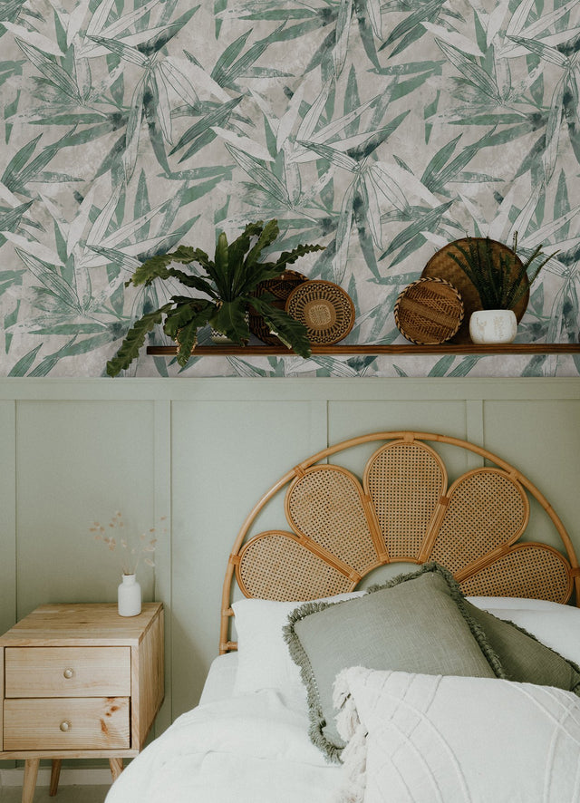 Bali Bamboo Jade Peel & Stick Wallpaper with Modern Botanical Leaf Pattern - NuWallpaper ESS6020
