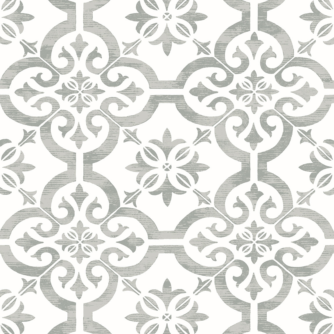 Grey and white encaustic-style faux tile pattern wallpaper in Harbor Mist