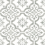 Grey and white encaustic-style faux tile pattern wallpaper in Harbor Mist