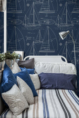 Sail Away Navy Blue by Etten Studios Nautical Sailboat Blueprint Wallpaper – Etten Studios ET10222-Sample
