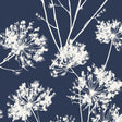 Navy blue wallpaper with white dandelion field floral silhouettes