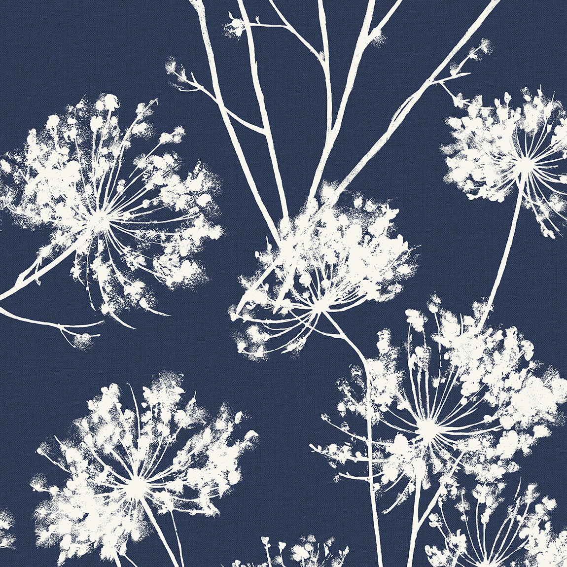 Navy blue wallpaper with white dandelion field floral silhouettes