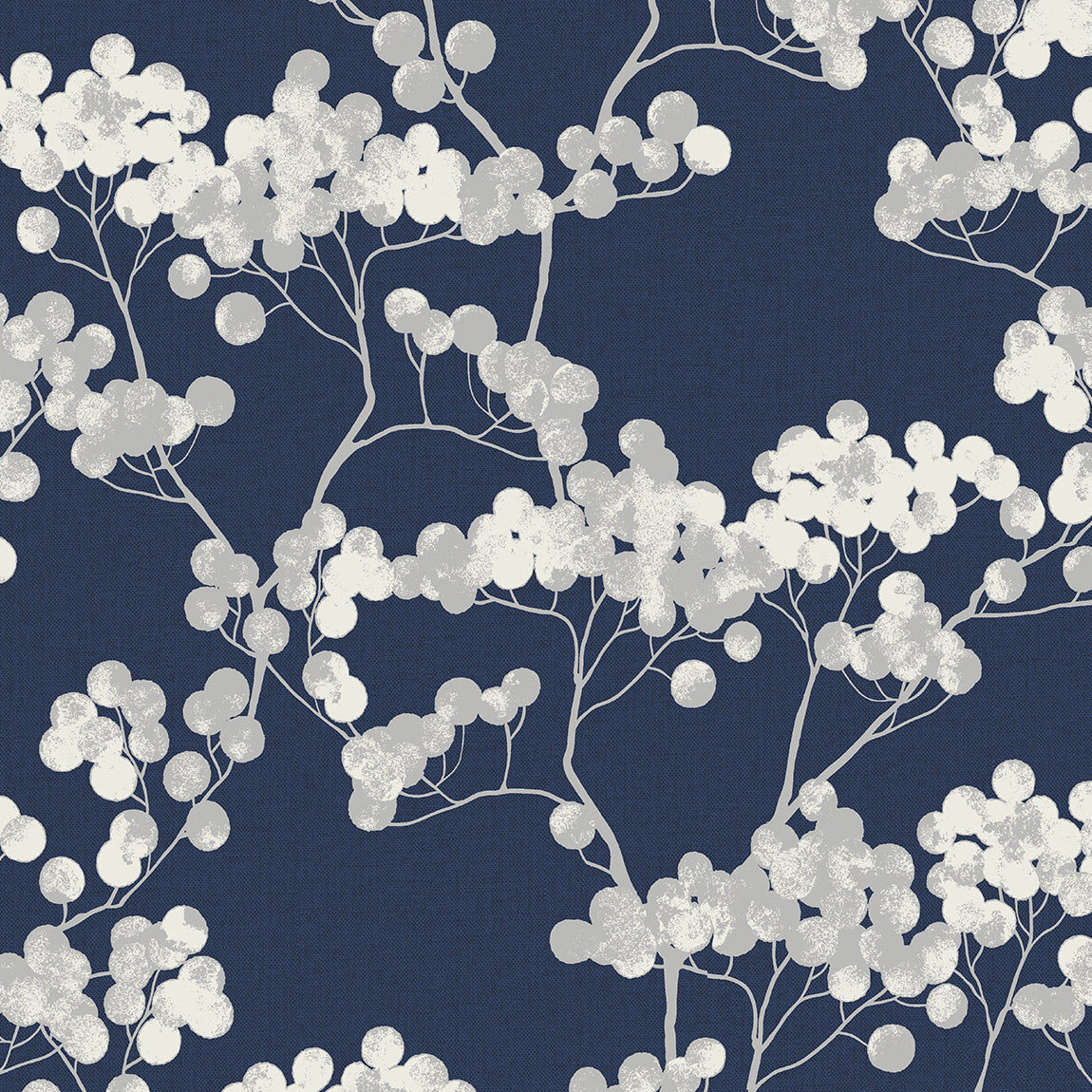 Bayberry Blossom navy blue floral wallpaper with white blossoms