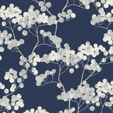 Bayberry Blossom navy blue floral wallpaper with white blossoms