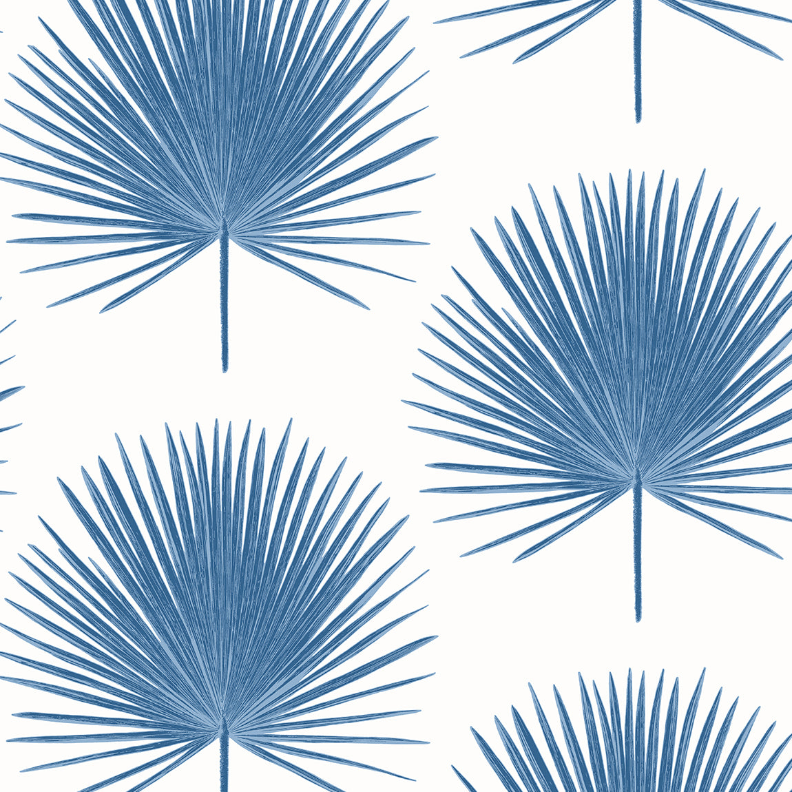 Palm Fronds wallpaper in coastal blue with matte finish; tropical botanical frond motif.