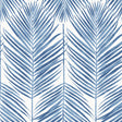 Coastal blue palm frond pattern wallpaper on a light background.