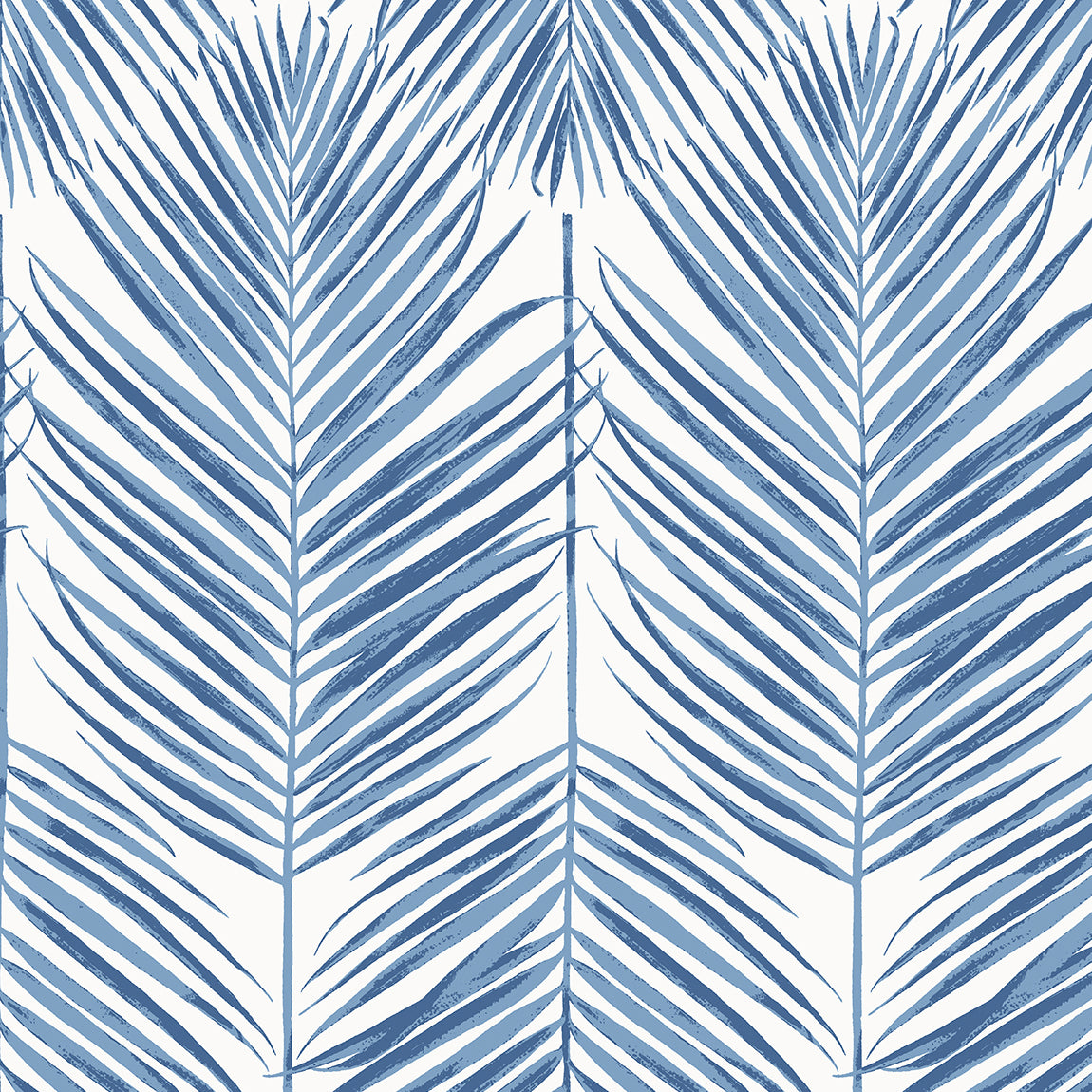 Coastal blue palm frond pattern wallpaper on a light background.