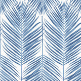 Coastal blue palm frond pattern wallpaper on a light background.