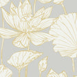 Water Lily Floral wallpaper in metallic gold linework on a soft grey ground