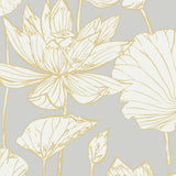 Water Lily Floral wallpaper in metallic gold linework on a soft grey ground