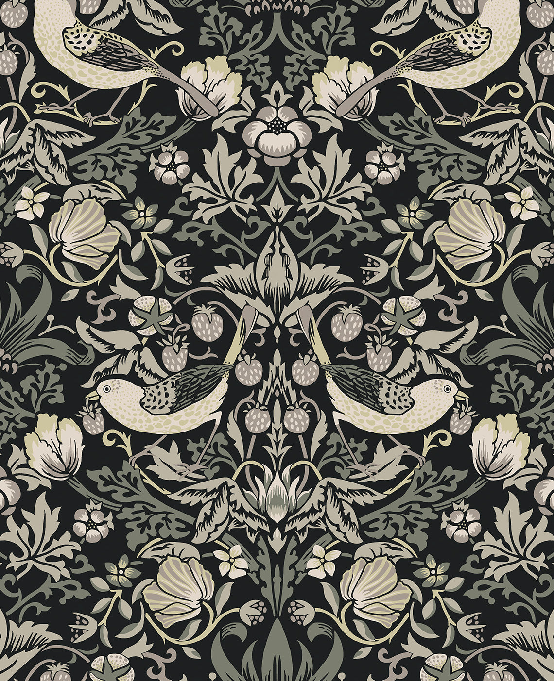 Fragaria Garden wallpaper in Blacksmith colorway with birds, strawberries and floral vines on a dark ground