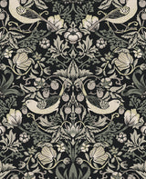 Fragaria Garden wallpaper in Blacksmith colorway with birds, strawberries and floral vines on a dark ground