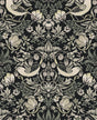 Fragaria Garden wallpaper in Blacksmith colorway with birds, strawberries and floral vines on a dark ground