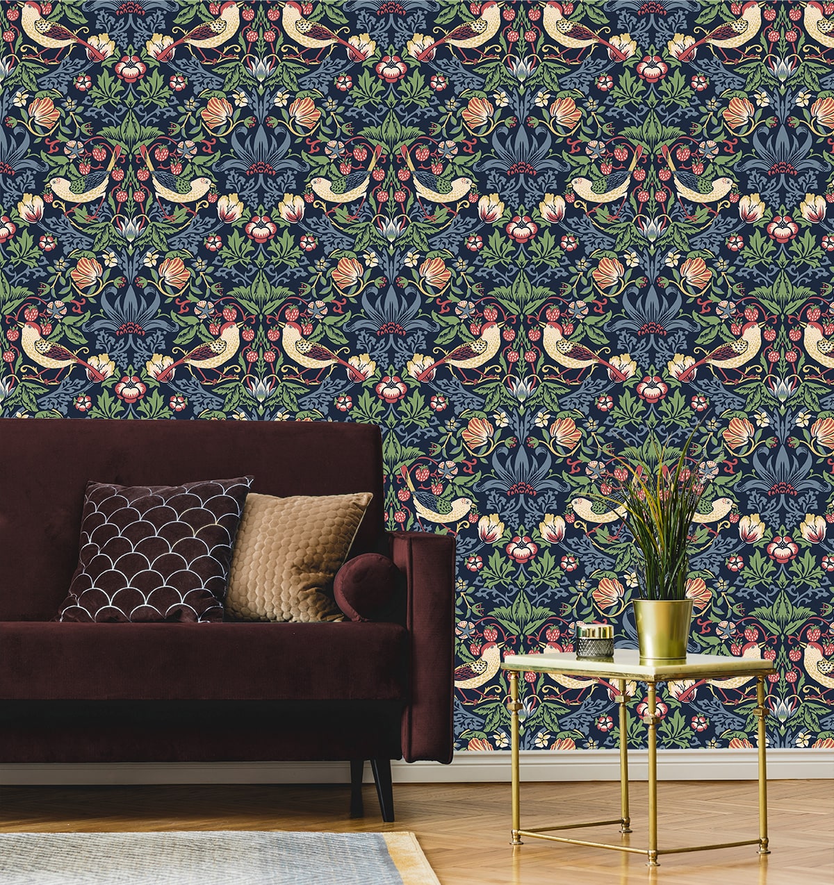Fragaria Garden Midnight Blue by Legacy Prints Vintage Bird & Strawberry Wallpaper – Etten Studios ET11202