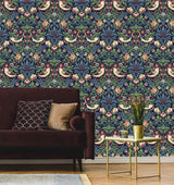 Fragaria Garden Midnight Blue by Legacy Prints Vintage Bird & Strawberry Wallpaper – Etten Studios ET11202