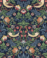 Vintage-style birds, strawberries, and foliage on a midnight blue ground wallpaper pattern