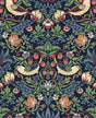 Vintage-style birds, strawberries, and foliage on a midnight blue ground wallpaper pattern