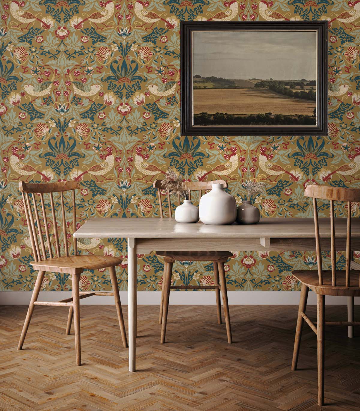 Fragaria Garden Ochre by Legacy Prints Vintage Botanical Bird Wallpaper – Etten Studios ET11205