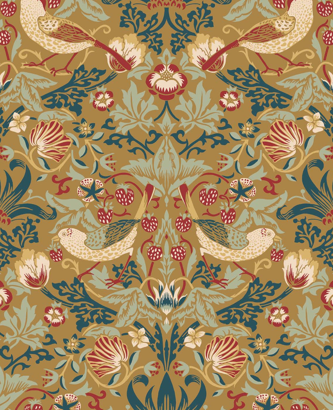Fragaria Garden wallpaper in ochre with vintage floral foliage, birds, and strawberry motifs