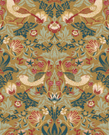 Fragaria Garden wallpaper in ochre with vintage floral foliage, birds, and strawberry motifs