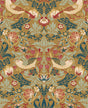 Fragaria Garden wallpaper in ochre with vintage floral foliage, birds, and strawberry motifs