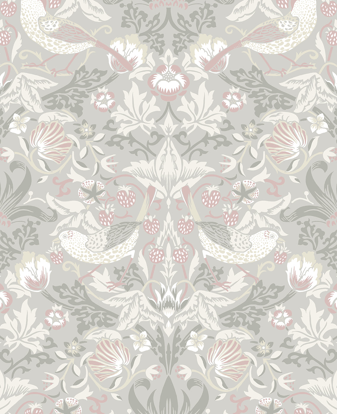 Fragaria Garden wallpaper in light grey and rose petal with birds, strawberries, and floral vines in a vintage motif.